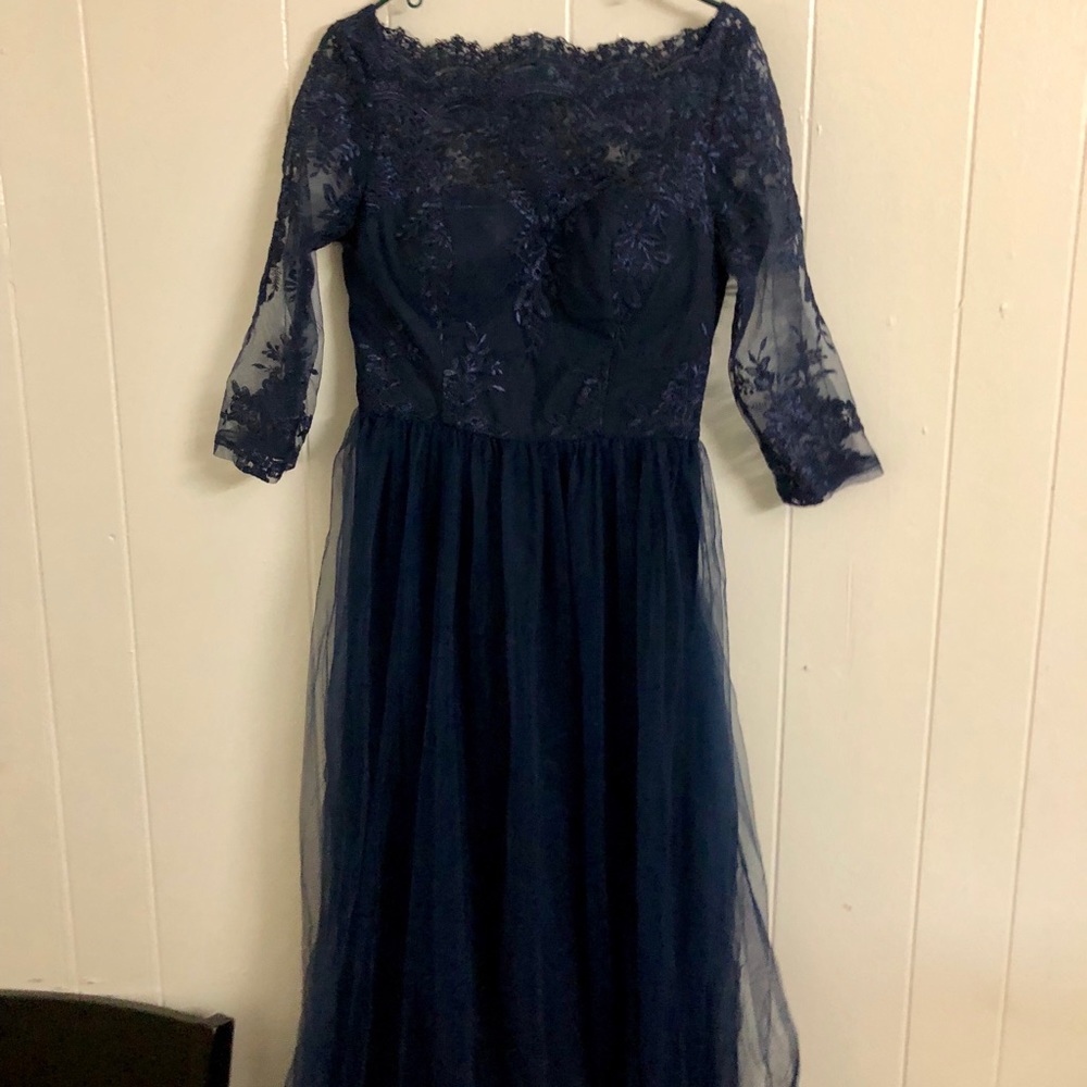 Navy Blue Boat Neck Evening Gown